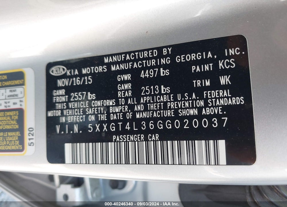2016 KIA OPTIMA LX VIN: 5XXGT4L36GG020037