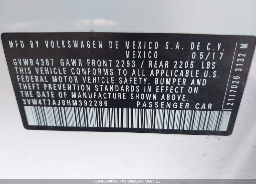 2017 VOLKSWAGEN JETTA GLI VIN: 3VW4T7AJ8HM392286