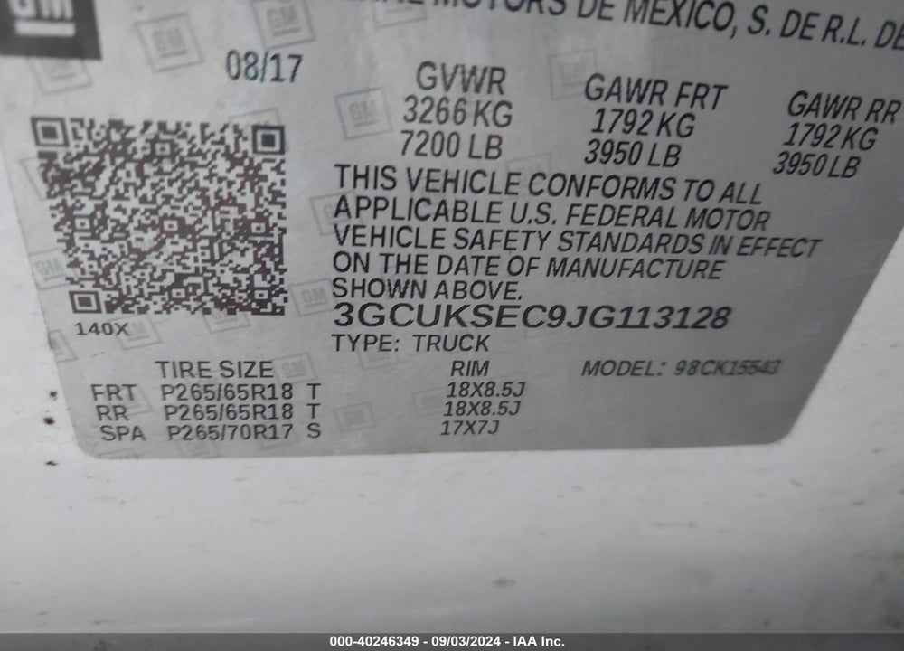 2018 CHEVROLET SILVERADO 1500 2LZ VIN: 3GCUKSEC9JG113128