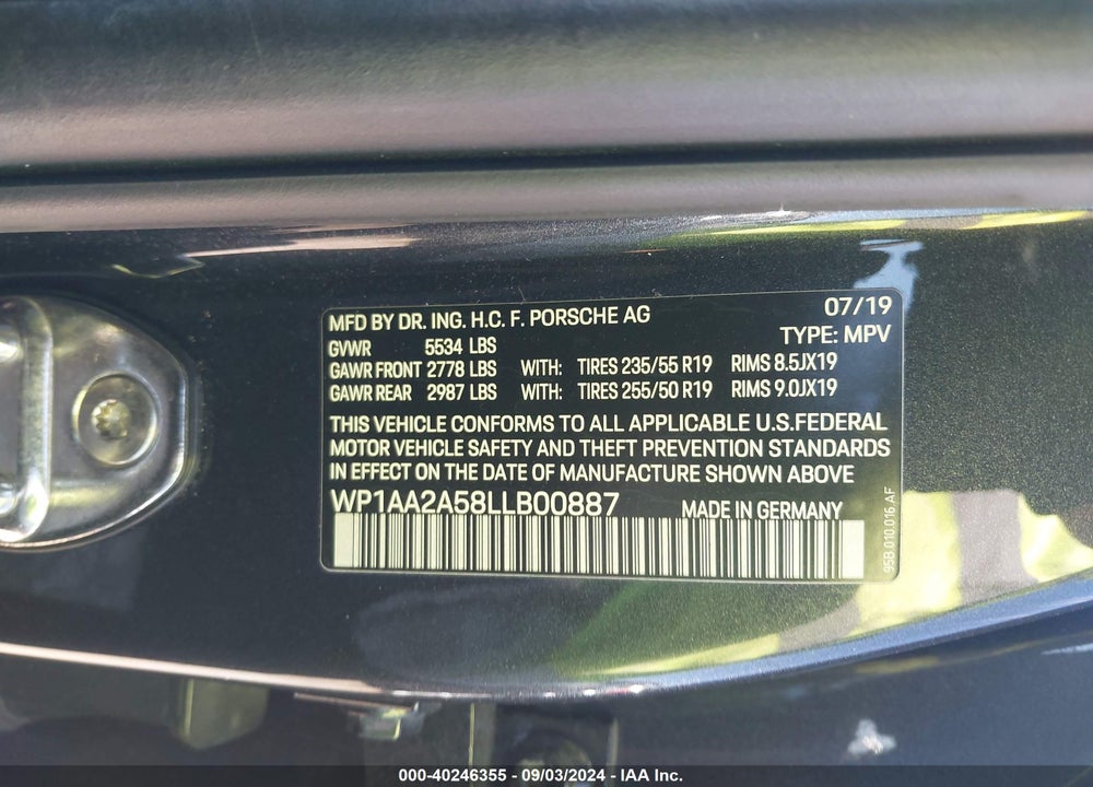 2020 PORSCHE MACAN VIN: WP1AA2A58LLB00887