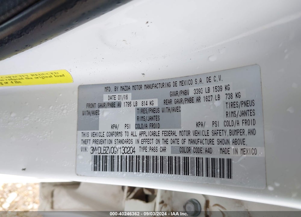 2016 SCION IA VIN: 3MYDLBZV0GY130204