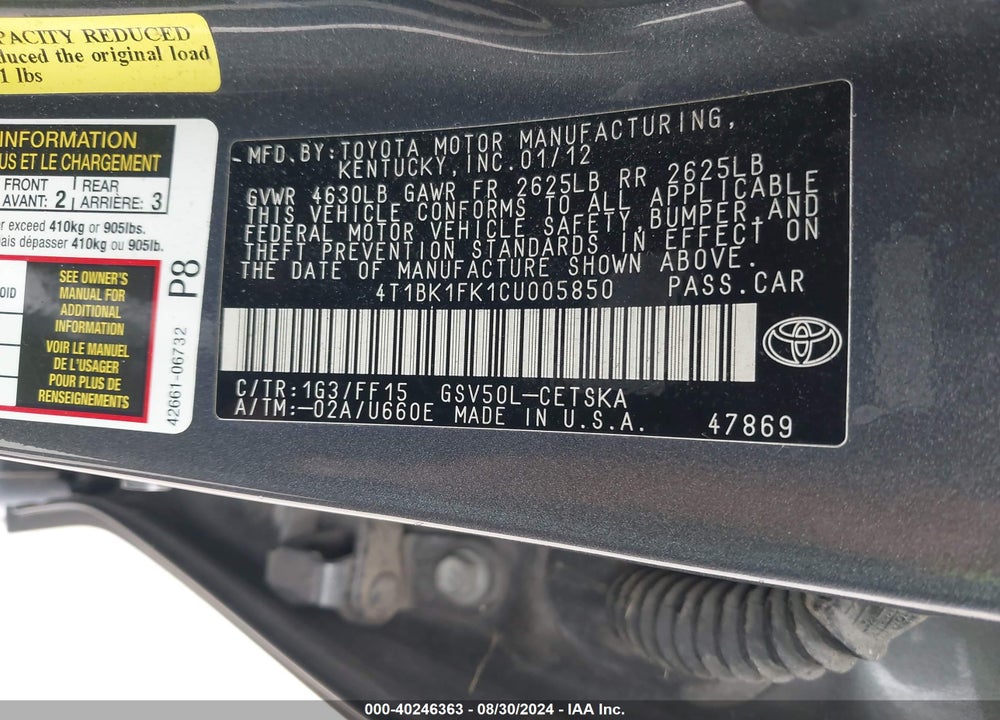 2012 TOYOTA CAMRY SE V6 VIN: 4T1BK1FK1CU005850
