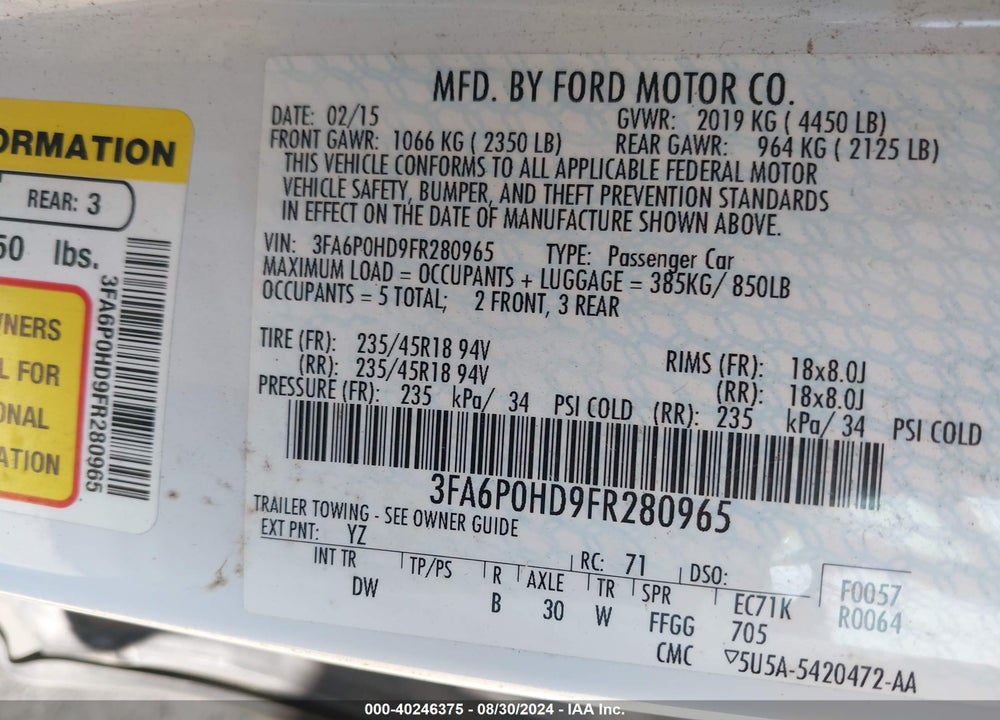 2015 FORD FUSION SE VIN: 3FA6P0HD9FR280965