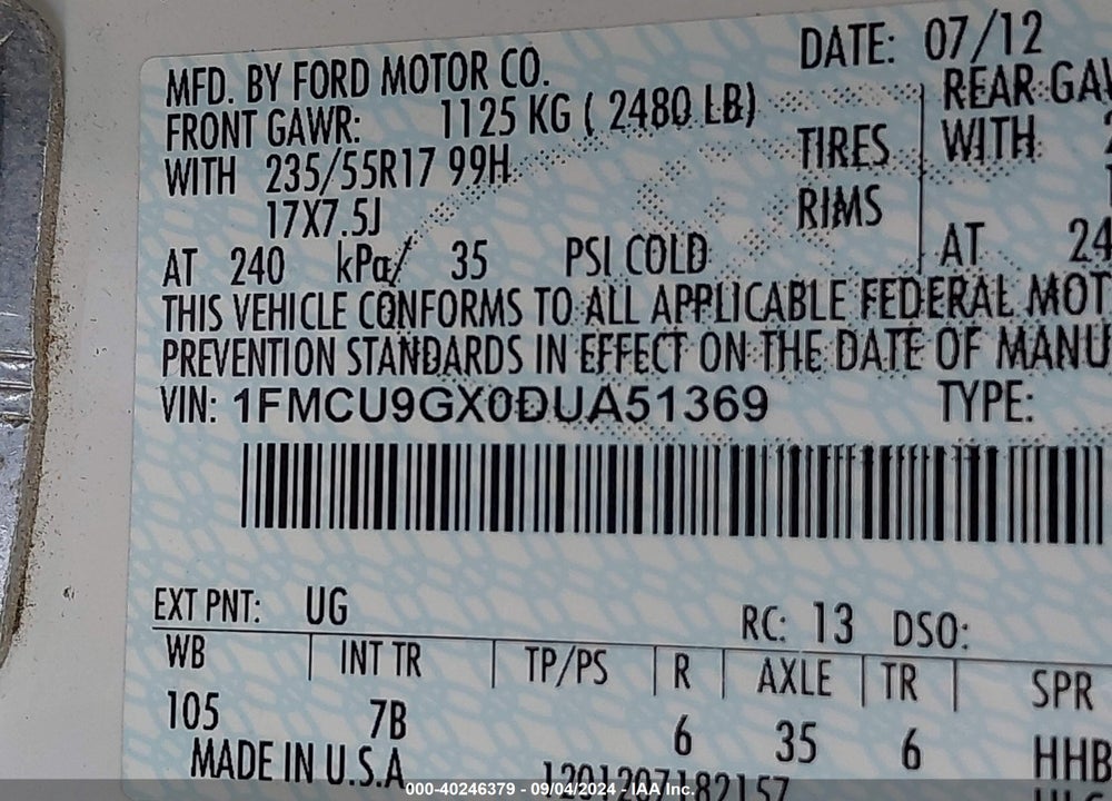 2013 FORD ESCAPE SE VIN: 1FMCU9GX0DUA51369