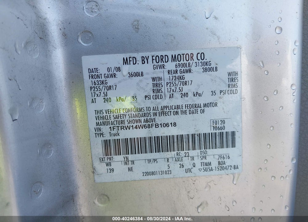 2008 FORD F-150 60TH ANNIVERSARY/XL/XLT VIN: 1FTRW14W68FB10618