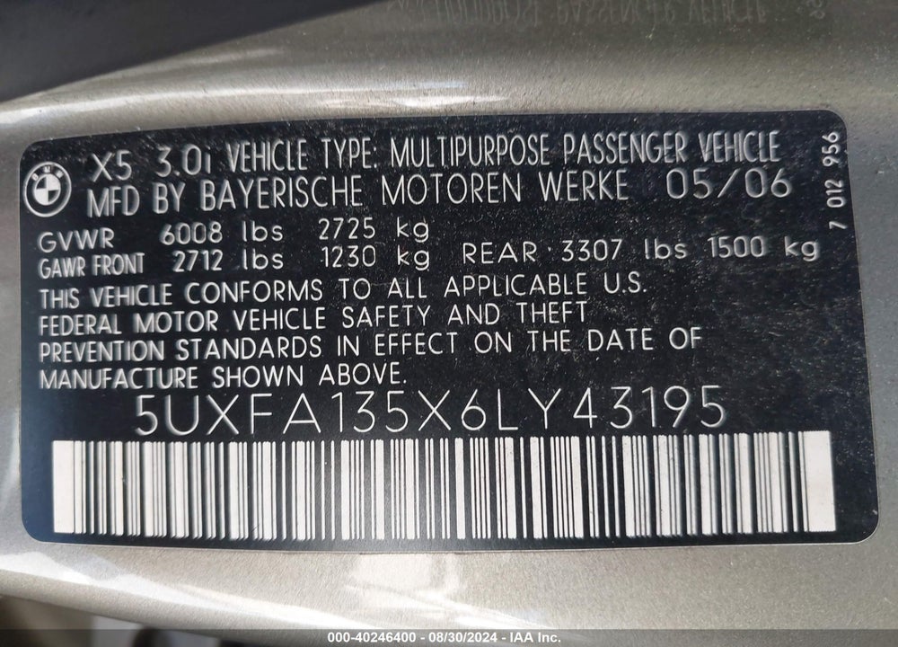 2006 BMW X5 3.0I VIN: 5UXFA135X6LY43195