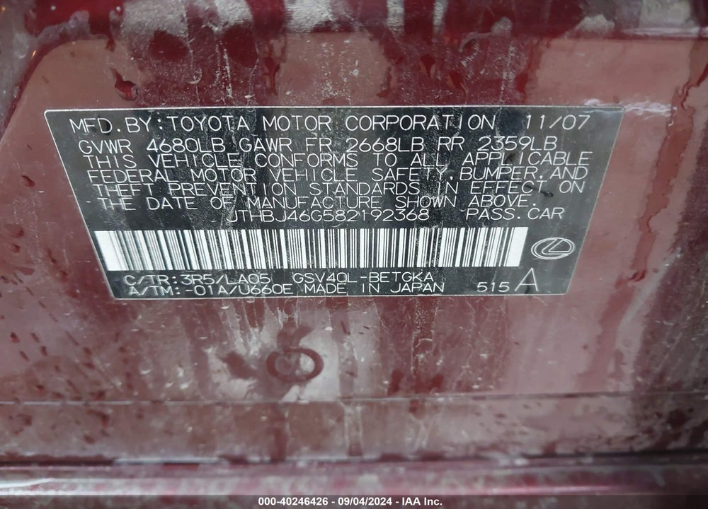 2008 LEXUS ES 350 VIN: JTHBJ46G582192368