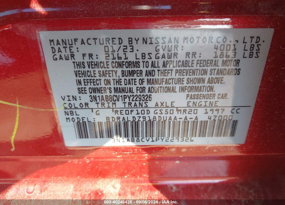 2023 NISSAN SENTRA SV XTRONIC CVT VIN: 3N1AB8CV1PY229326