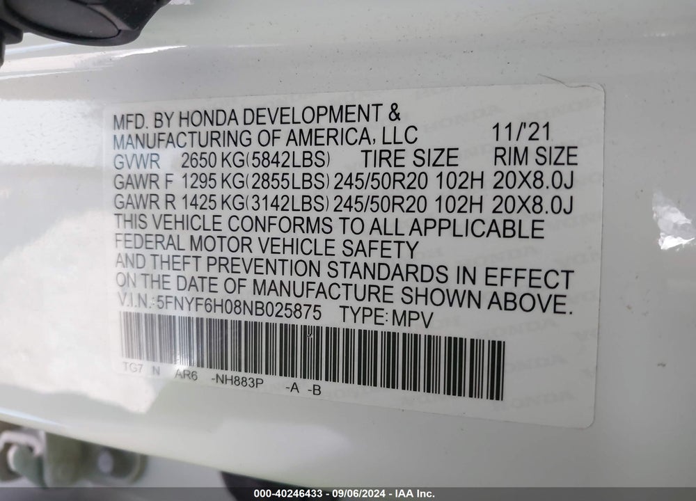 2022 HONDA PILOT AWD ELITE VIN: 5FNYF6H08NB025875