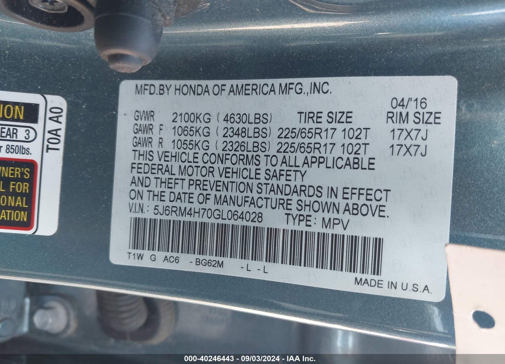 2016 HONDA CR-V EX-L VIN: 5J6RM4H70GL064028