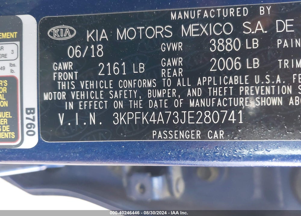 2018 KIA FORTE LX VIN: 3KPFK4A73JE280741