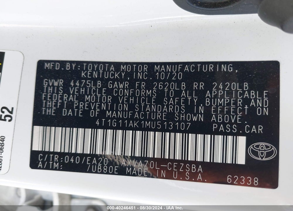 2021 TOYOTA CAMRY SE VIN: 4T1G11AK1MU513107