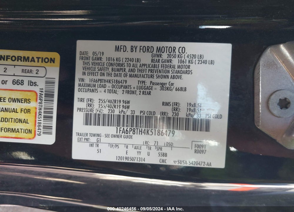 2019 FORD MUSTANG ECOBOOST PREMIUM VIN: 1FA6P8TH4K5186479