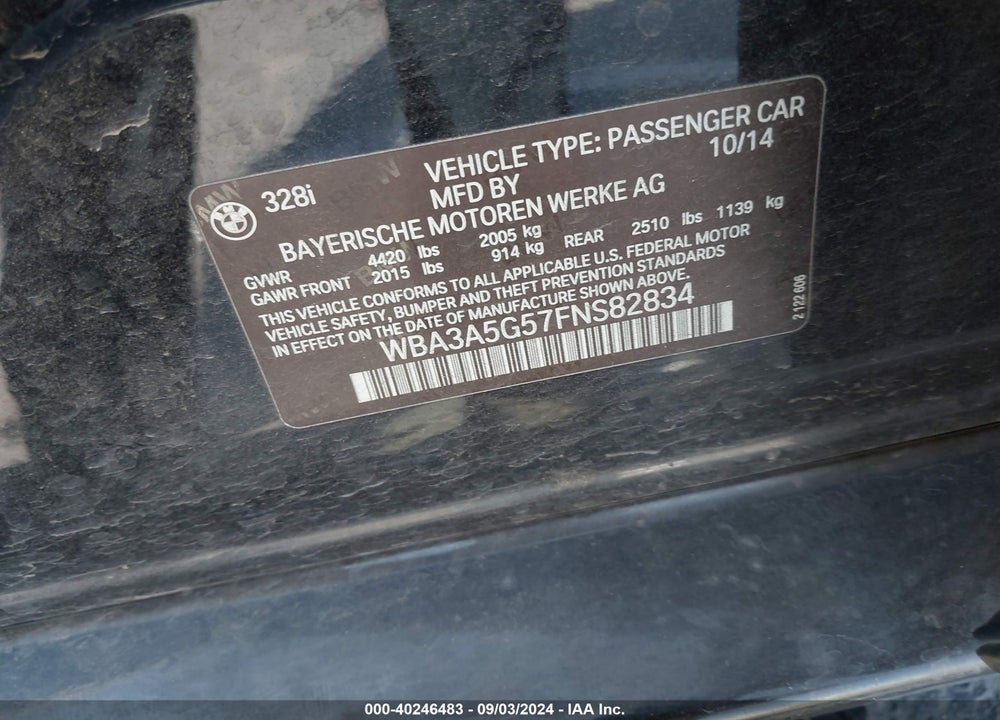 2015 BMW 328I VIN: WBA3A5G57FNS82834