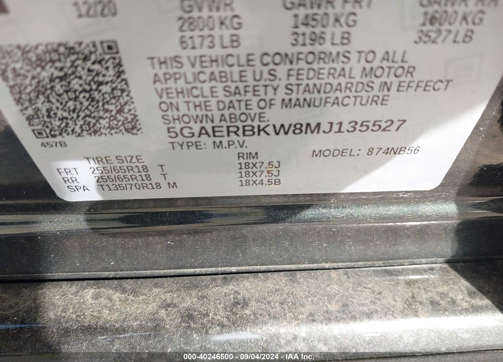 2021 BUICK ENCLAVE FWD ESSENCE VIN: 5GAERBKW8MJ135527