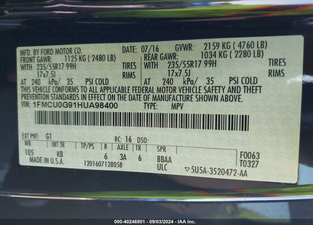 2017 FORD ESCAPE SE VIN: 1FMCU0G91HUA98400