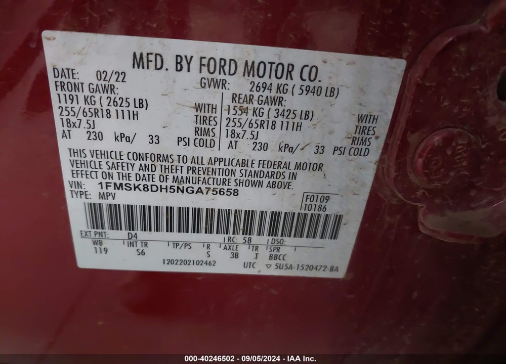 2022 FORD EXPLORER XLT VIN: 1FMSK8DH5NGA75658