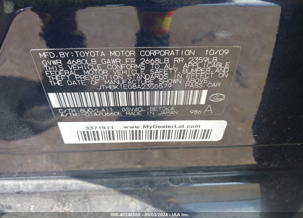 2010 LEXUS ES 350 VIN: JTHBK1EG8A2355579