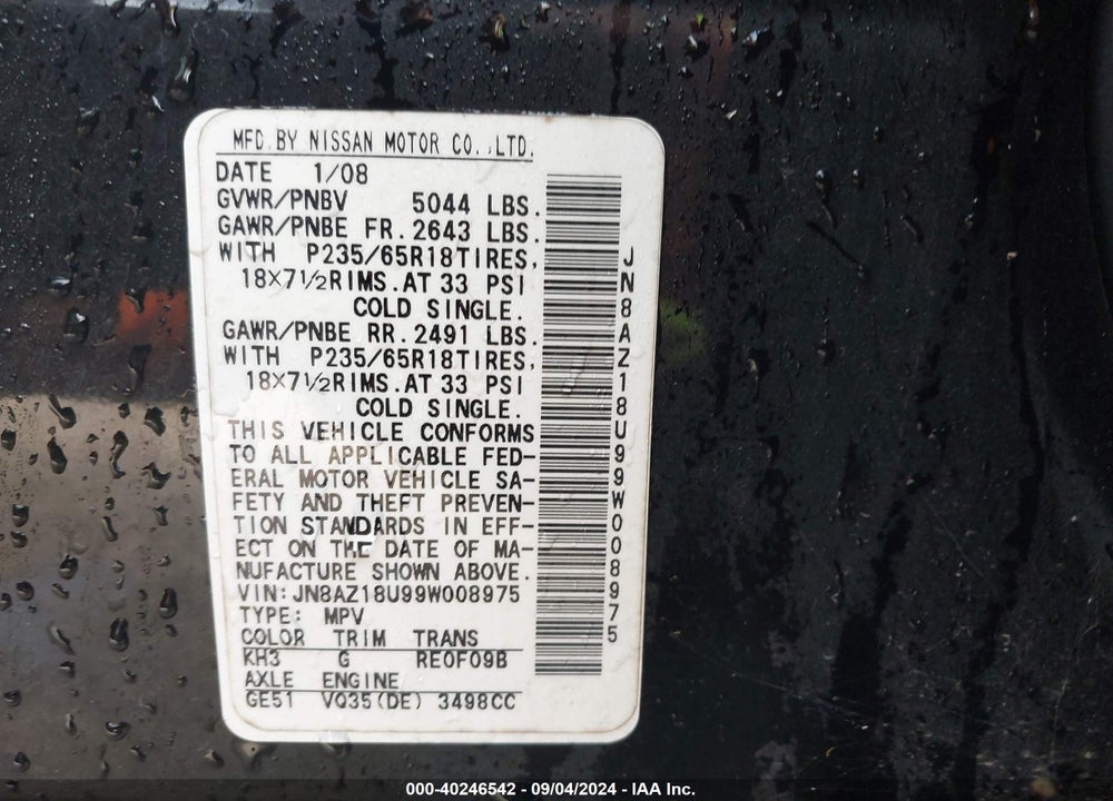 2009 NISSAN MURANO SL VIN: JN8AZ18U99W008975