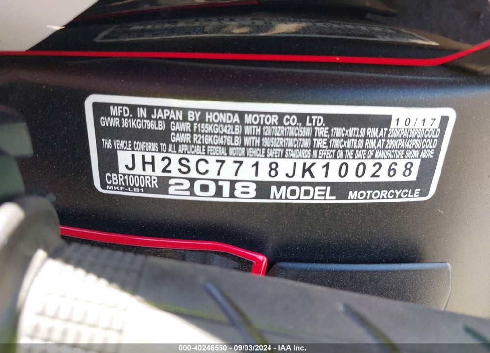 2018 HONDA CBR1000 VIN: JH2SC7718JK100268