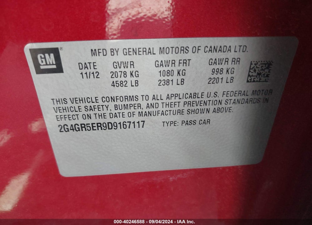 2013 BUICK REGAL VIN: 2G4GR5ER9D9167117