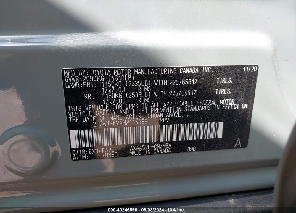 2021 TOYOTA RAV4 XLE VIN: 2T3W1RFV4MW115989