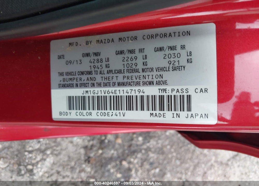 2014 MAZDA MAZDA6 VIN: JM1GJ1V64E1147194