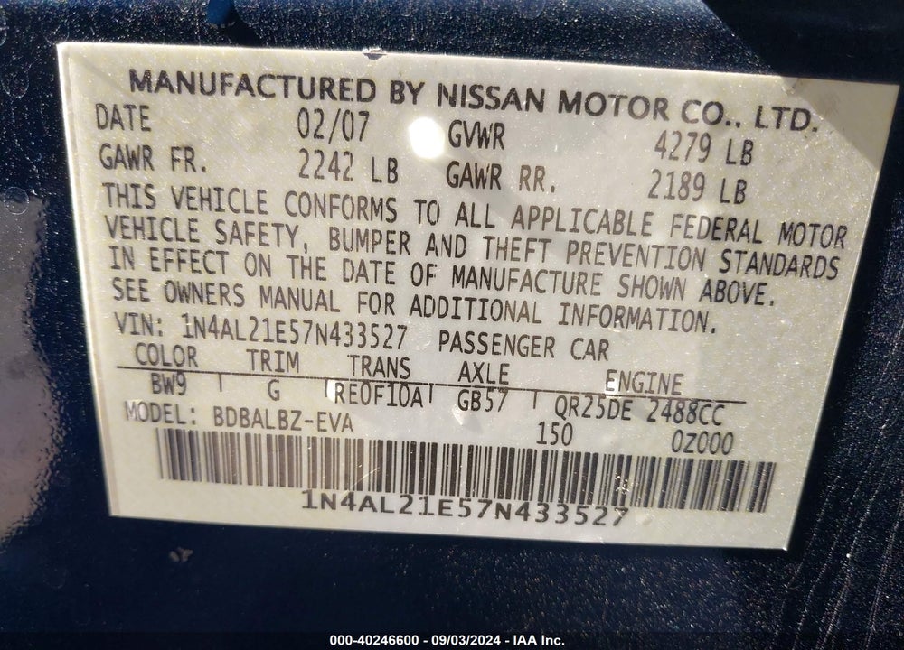 2007 NISSAN ALTIMA 2.5 S VIN: 1N4AL21E57N433527