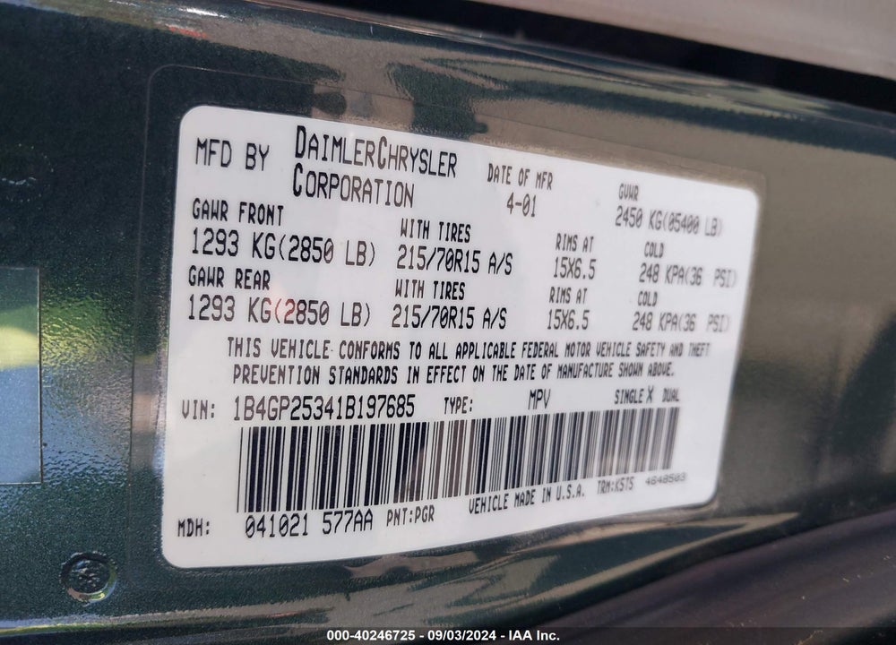 2001 DODGE CARAVAN SE VIN: 1B4GP25341B197685