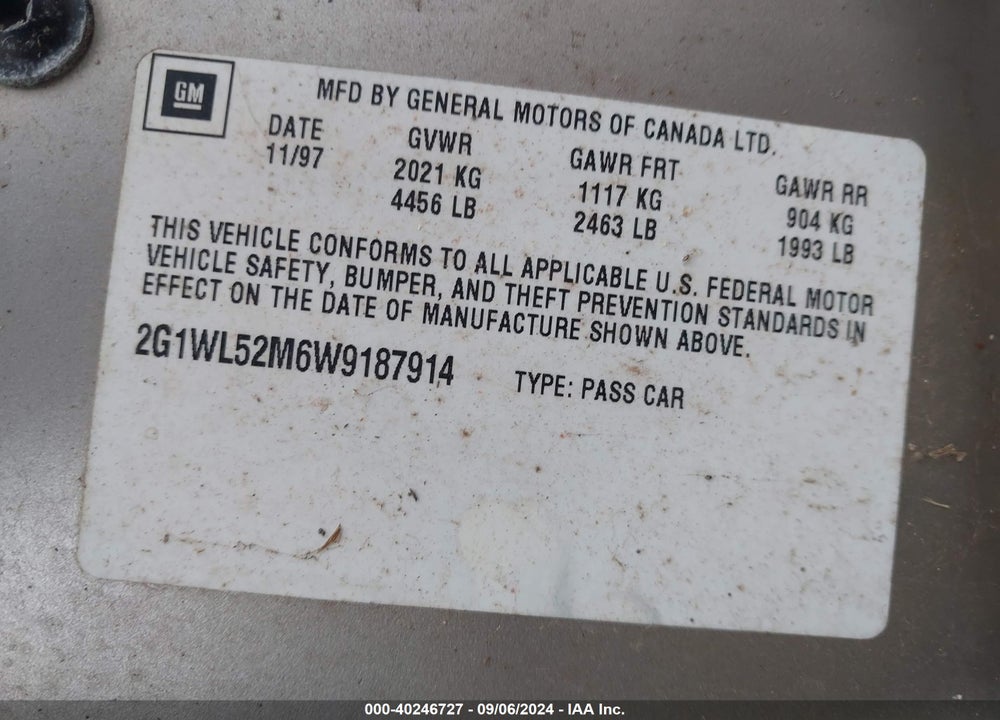 1998 CHEVROLET LUMINA VIN: 2G1WL52M6W9187914
