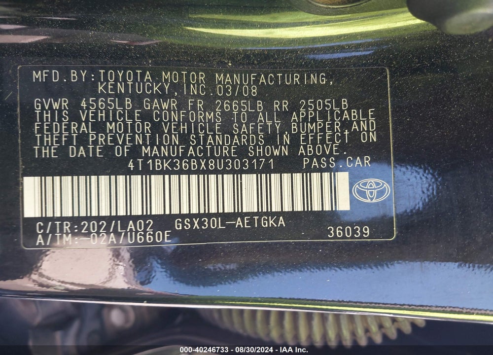 2008 TOYOTA AVALON XLS VIN: 4T1BK36BX8U303171