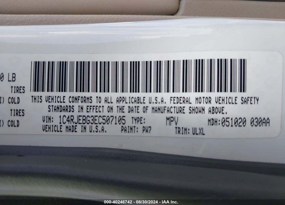 2014 JEEP GRAND CHEROKEE LIMITED VIN: 1C4RJEBG3EC507105
