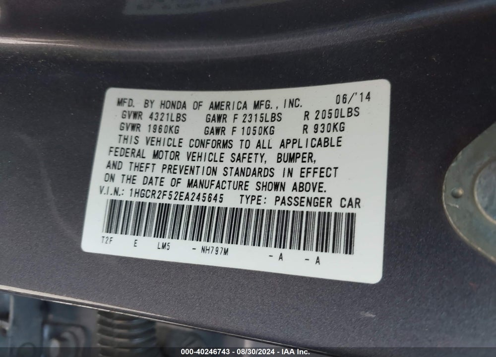 2014 HONDA ACCORD SPORT VIN: 1HGCR2F52EA245645