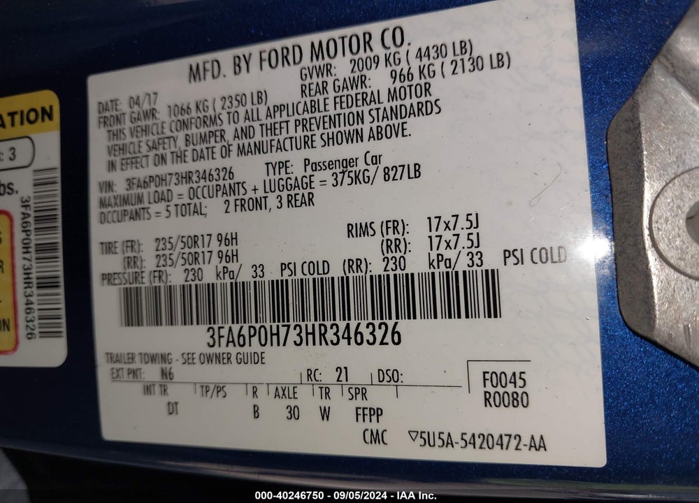 2017 FORD FUSION SE VIN: 3FA6P0H73HR346326