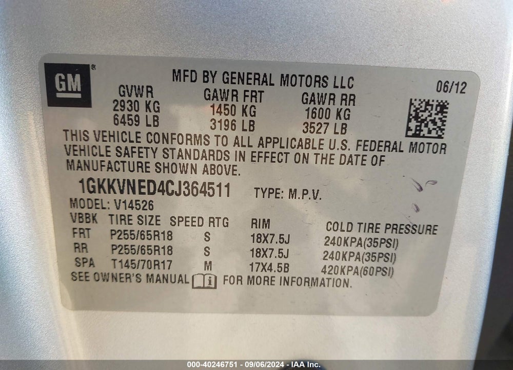2012 GMC ACADIA SL VIN: 1GKKVNED4CJ364511