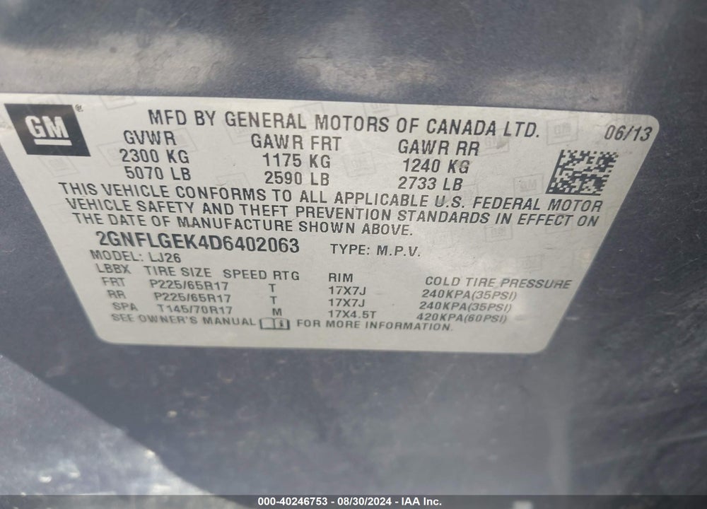 2013 CHEVROLET EQUINOX LTZ VIN: 2GNFLGEK4D6402063