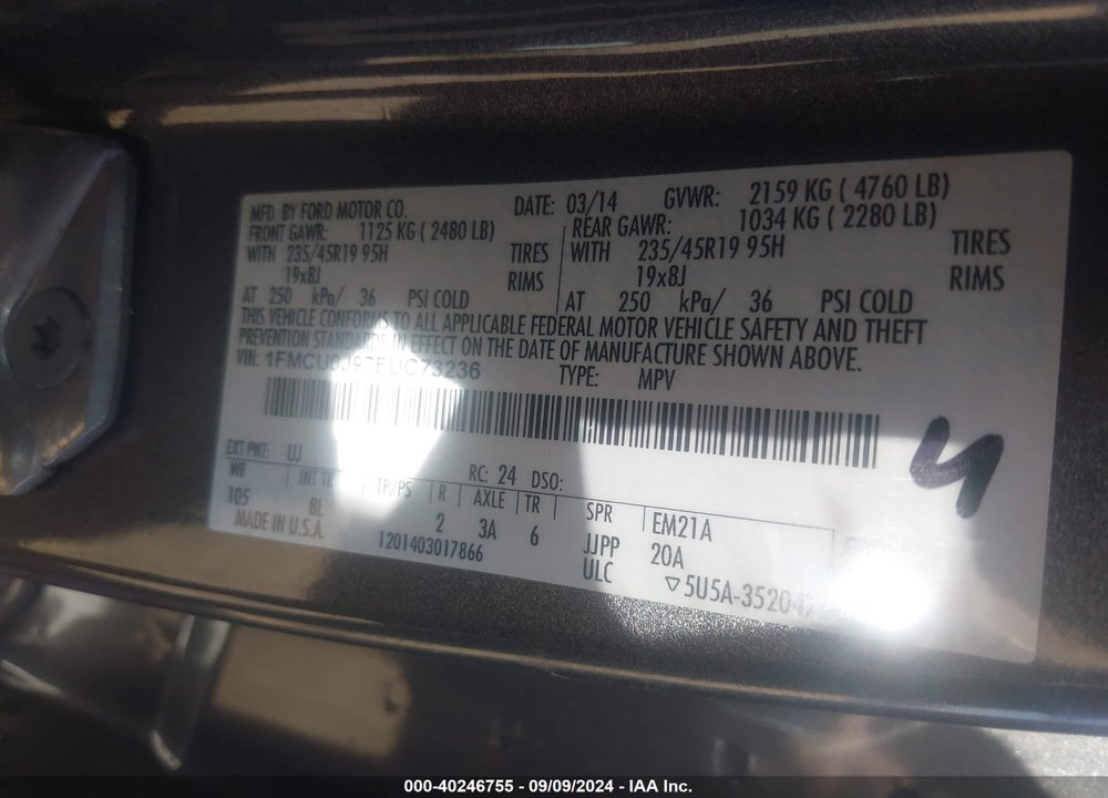 2014 FORD ESCAPE TITANIUM VIN: 1FMCU0J97EUC73236