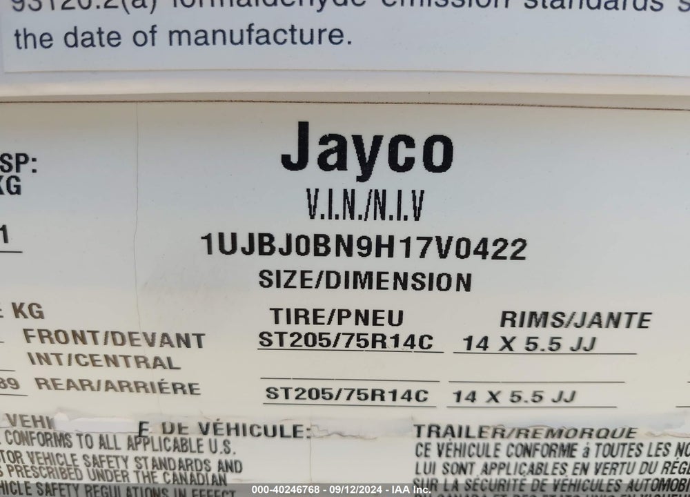 2017 JAYCO JAYFLIGHT 264BHW VIN: 1UJBJ0BN9H17V0422