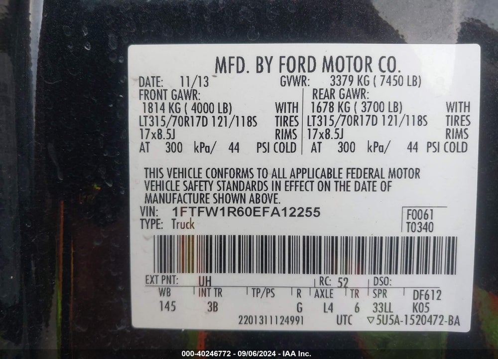 2014 FORD F-150 SVT RAPTOR VIN: 1FTFW1R60EFA12255
