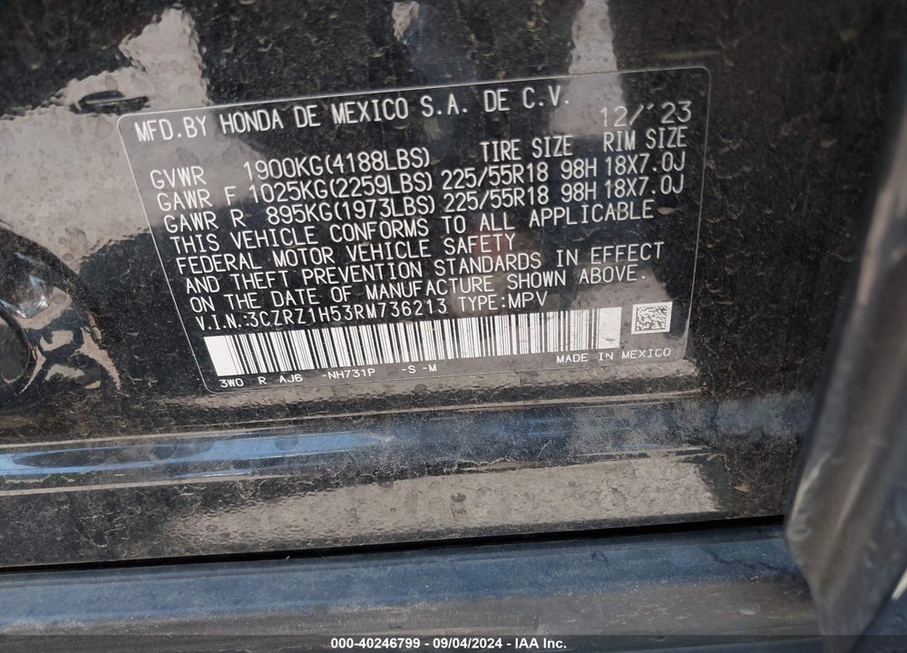 2024 HONDA HR-V 2WD SPORT/2WD SPORT W/O BSI VIN: 3CZRZ1H53RM736213