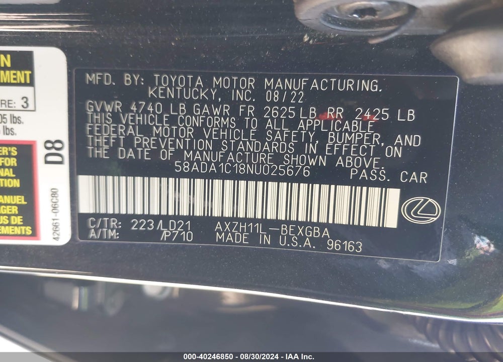 2022 LEXUS ES 300H VIN: 58ADA1C18NU025676