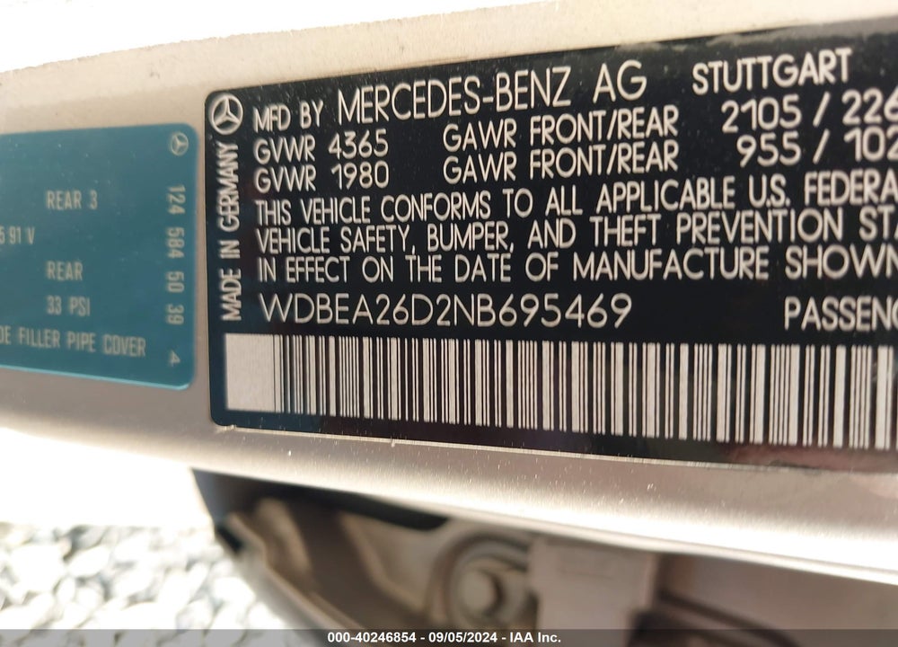 1992 MERCEDES-BENZ 300 E 2.6 VIN: WDBEA26D2NB695469