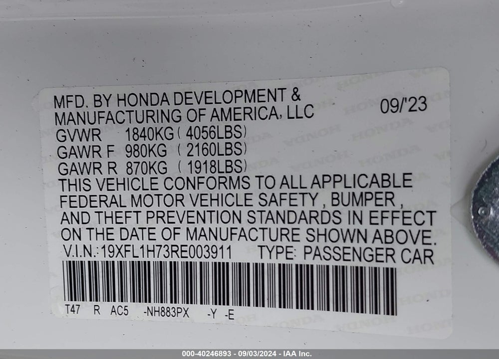 2024 HONDA CIVIC EX-L VIN: 19XFL1H73RE003911