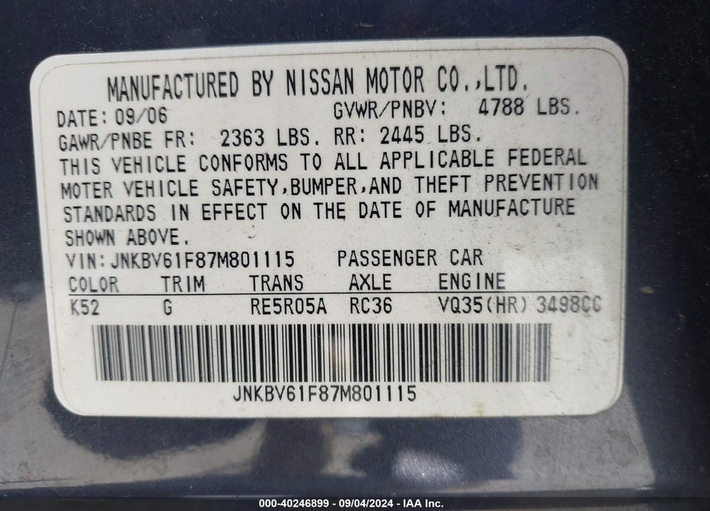 2007 INFINITI G35X VIN: JNKBV61F87M801115