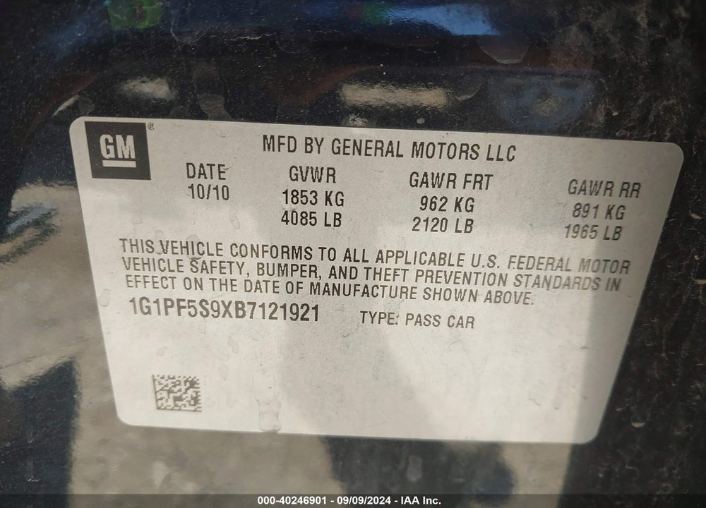 2011 CHEVROLET CRUZE 1LT VIN: 1G1PF5S9XB7121921