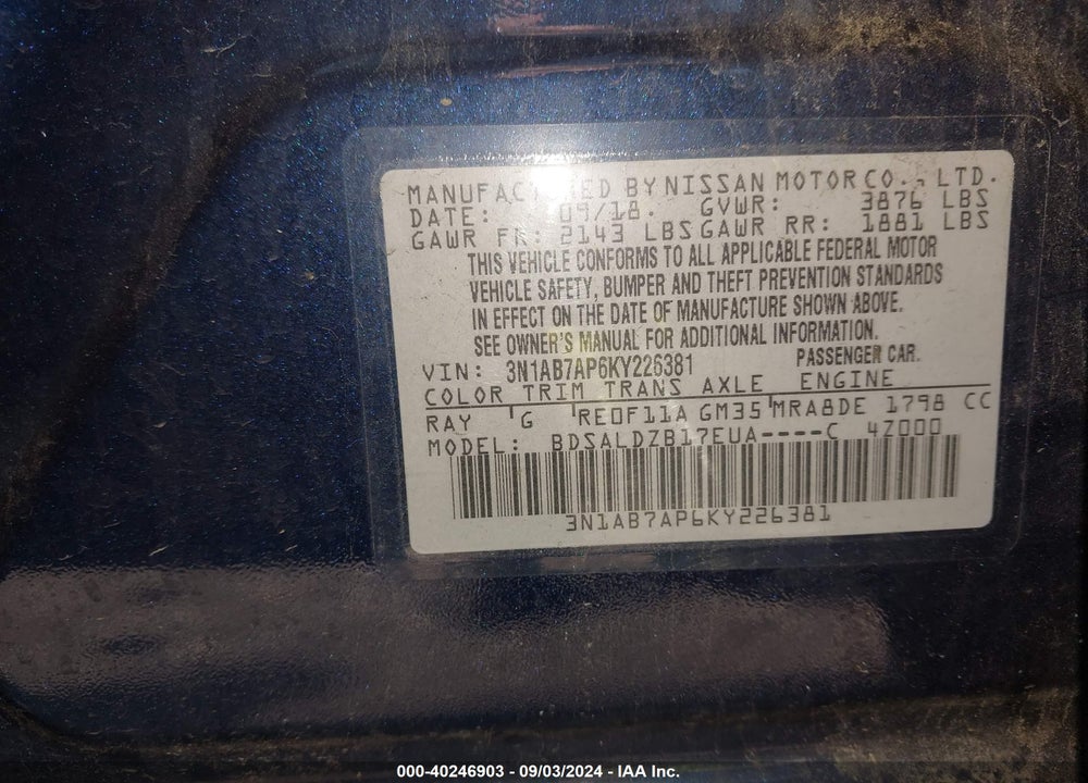 2019 NISSAN SENTRA SV VIN: 3N1AB7AP6KY226381