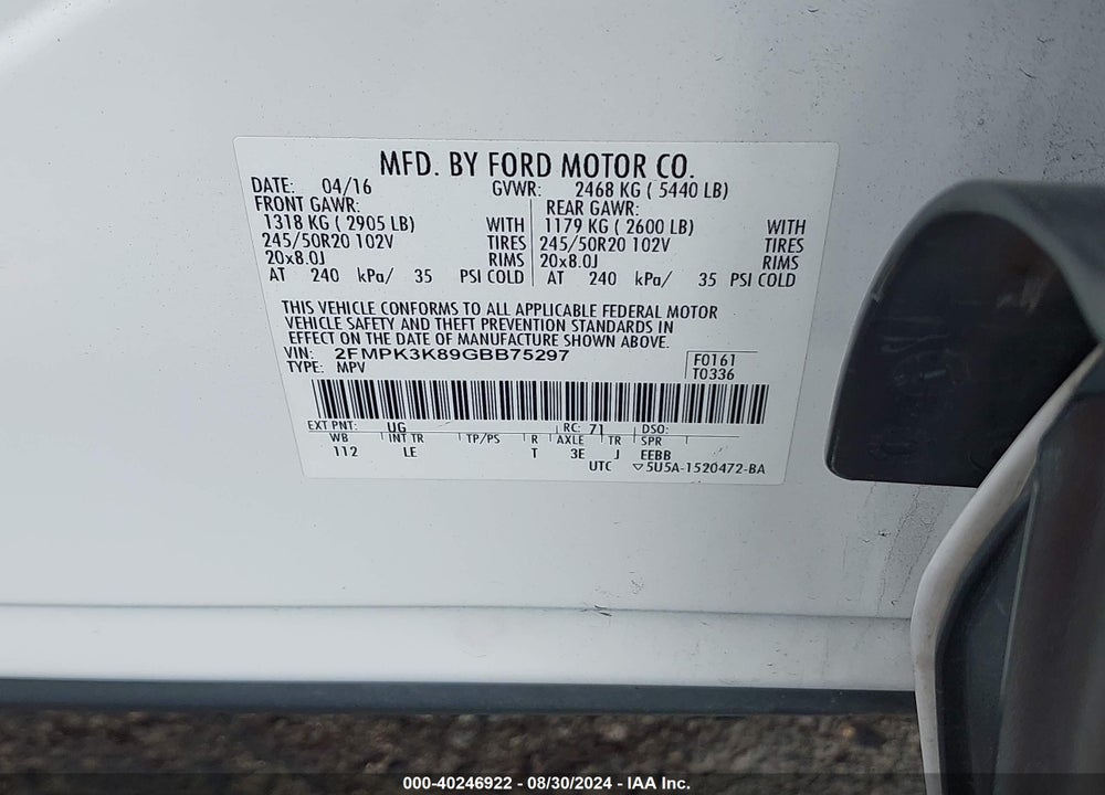 2016 FORD EDGE TITANIUM VIN: 2FMPK3K89GBB75297