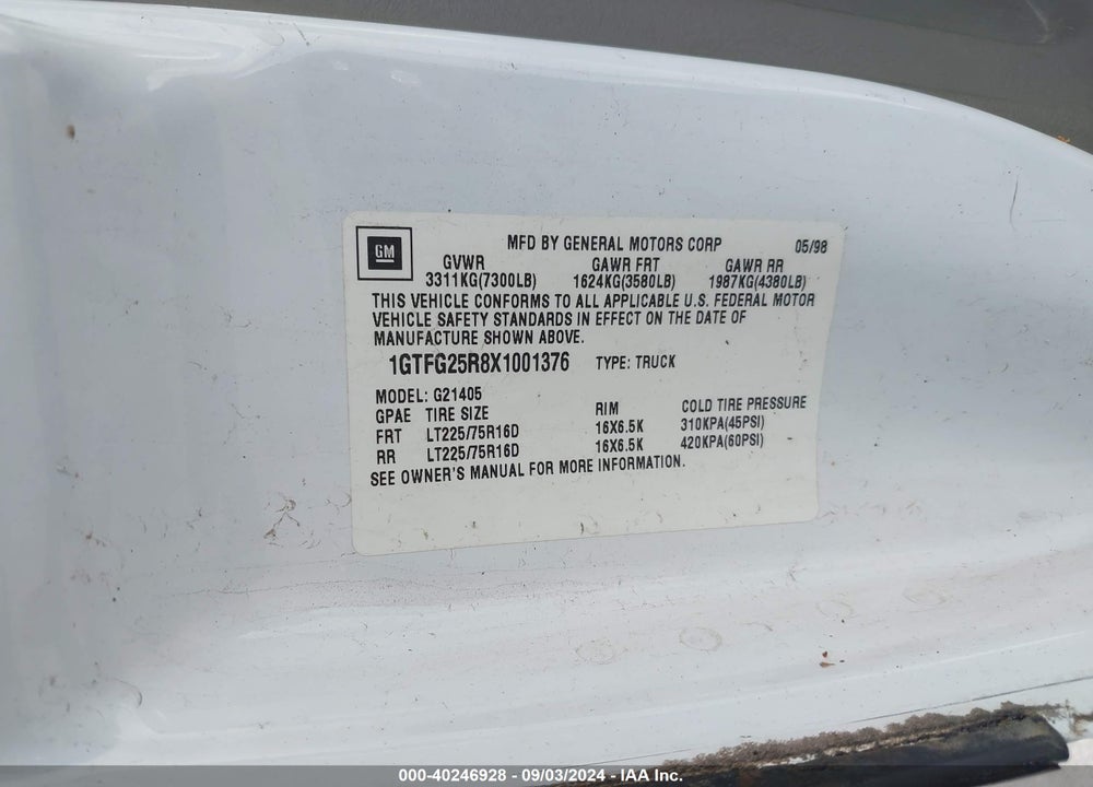 1999 GMC SAVANA STANDARD VIN: 1GTFG25R8X1001376