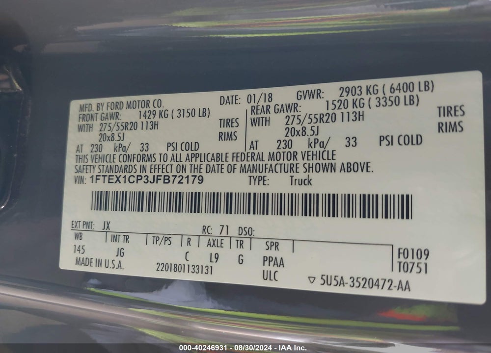 2018 FORD F-150 XL VIN: 1FTEX1CP3JFB72179