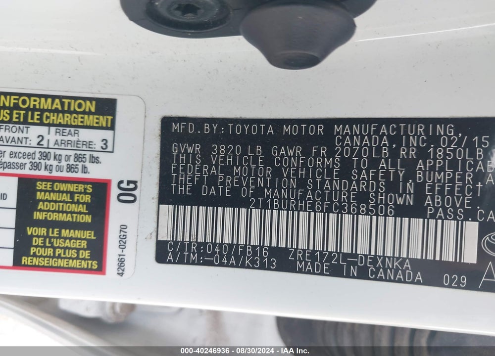 2015 TOYOTA COROLLA LE VIN: 2T1BURHE6FC368506